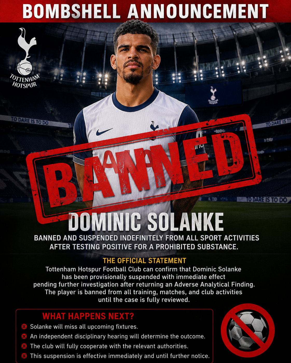 BOMBSHELL ANNOUNCEMENT: Professional Tottenham Hotspur F.C. striker Dominic Solanke has been banned and suspended indefinitely from sport activities as he was tested positive of….see more - Uncategorize 