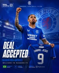 EXCLUSIVE DEAL: Rangers FC have reportedly completed a sensational deal to sign Brazilian attacker Gabriel Jesus from Arsenal - Uncategorize 