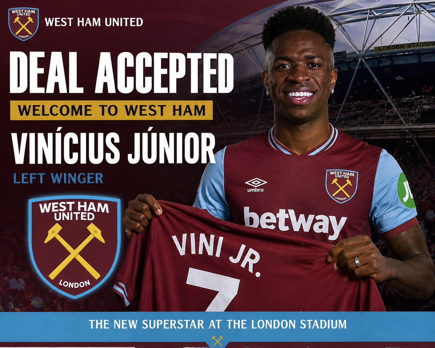 DEAL ACCEPTED: Westhampton has officially completed a stunning deal to sign a new left winger Vinícius Júnior as there new…. see more - Uncategorize 