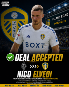 DEAL ACCEPTED: Leeds United FC Has Officially completed the signing deal of a new Centre-back Nico Elvedi from.... see more - Uncategorize 