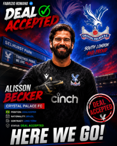 EXCLUSIVE DEAL: Crystal Palace have officially completed a sensational deal to sign Brazilian goalkeeper Alisson Becker, in a move that - Uncategorize 