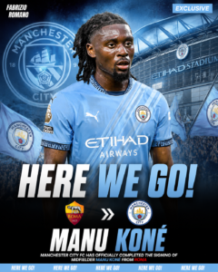 EXCLUSIVE: Manchester City FC has just Officially Completed the Signing Deal of a new Midfielder Manu Koné from.... See more - Uncategorize 
