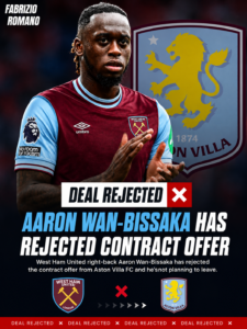 DEAL REJECTED: West Ham United FC Right-back Aaron Wan-Bissaka has just rejected signing contract with.... see more - Uncategorize 