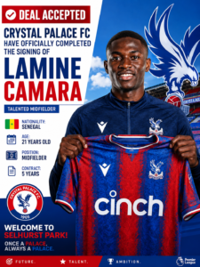 DEAL ACCEPTED: Crystal palace FC Has Officially completed the signing deal of a new talented Midfielder Lamine Camara from.... see more - Uncategorize 