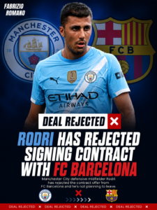 DEAL REJECTED: Manchester City FC Defensive midfielder Rodri has just rejected signing contract with.... see more - Uncategorize 