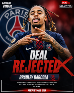 DEAL REJECTED: Paris Saint-Germain FC Winger Bradley Barcola has just rejected signing contract with.... see more - Uncategorize 