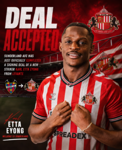 DEAL ACCEPTED: Sunderland AFC has just officially completed a signing deal of a new striker Karl Etta Eyong from...see more - Uncategorize 
